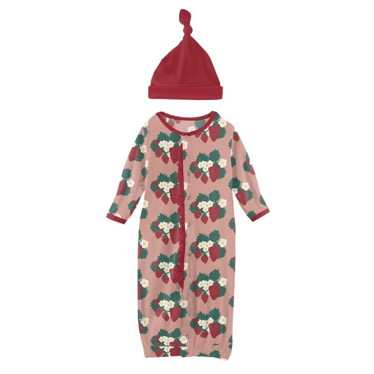 Kickee Pants Print Layette Gown & Single Knot Hat Set in Blush Strawberry Farm
