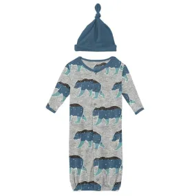 Kickee Pants Print Layette Gown Converter & Single Knot Hat Set in Heathered Mist Night Sky Bear
