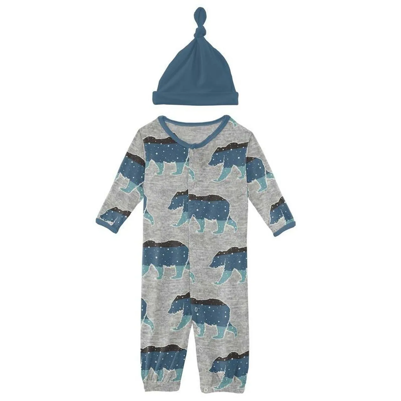 Kickee Pants Print Layette Gown Converter & Single Knot Hat Set in Heathered Mist Night Sky Bear