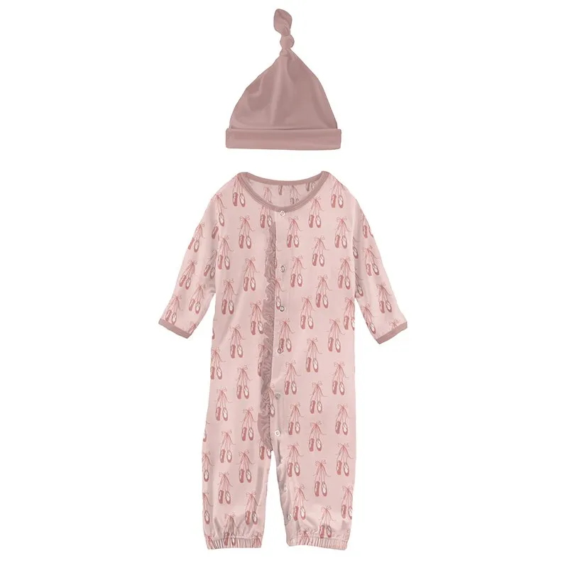 Kickee Pants Print Ruffle Layette Convertible Gown & Hat Set in Baby Rose Ballet