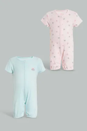 Mint And Pink Cat Sleepsuit Set For Babies (Pack of 2)