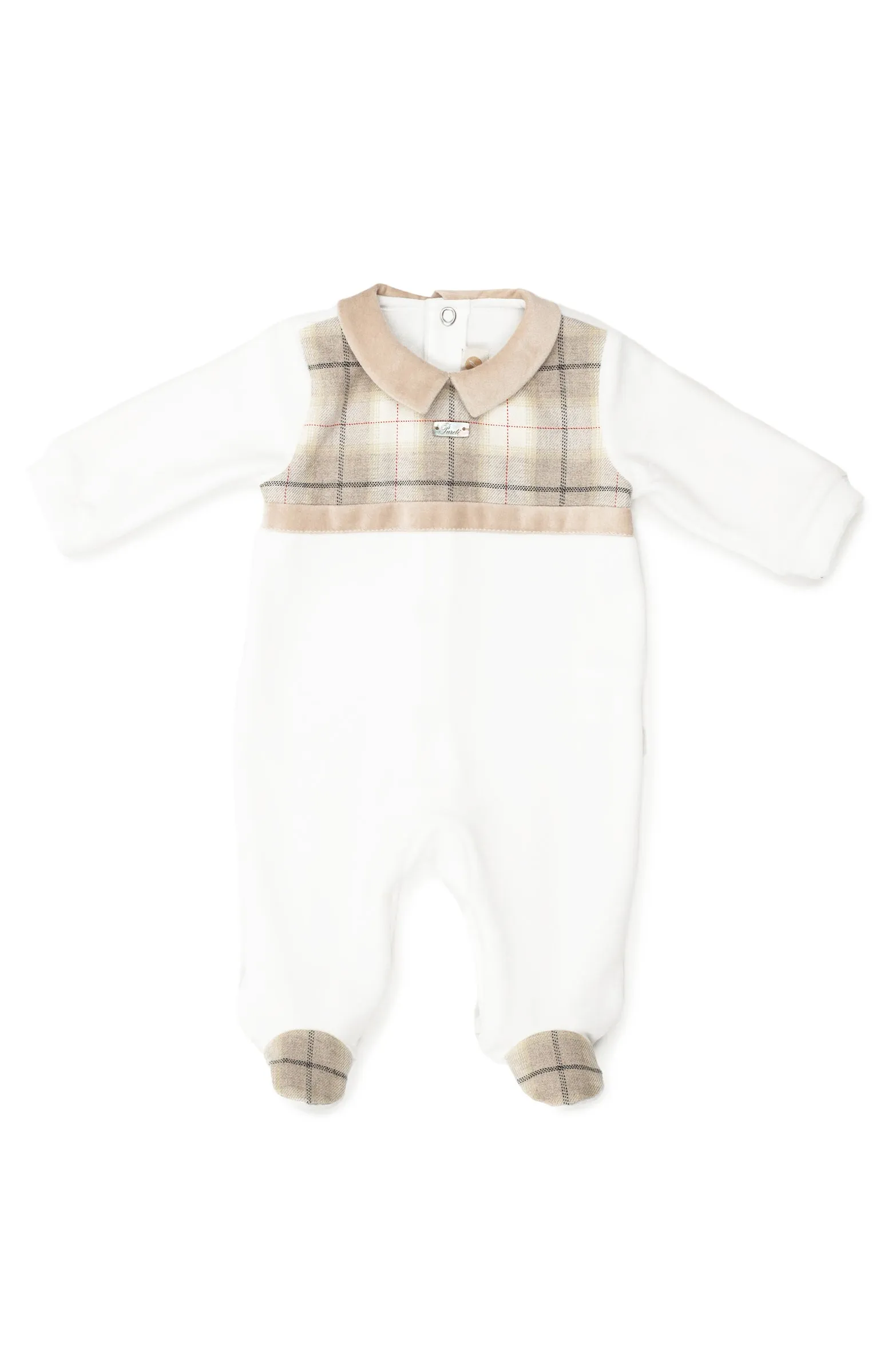 "Ezekiel" Stone Tartan Velour Sleepsuit