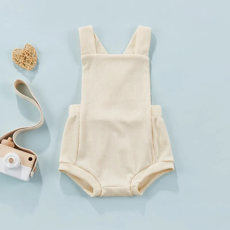 Ribbed Solid Sleeveless Suspender Style Romper Overalls