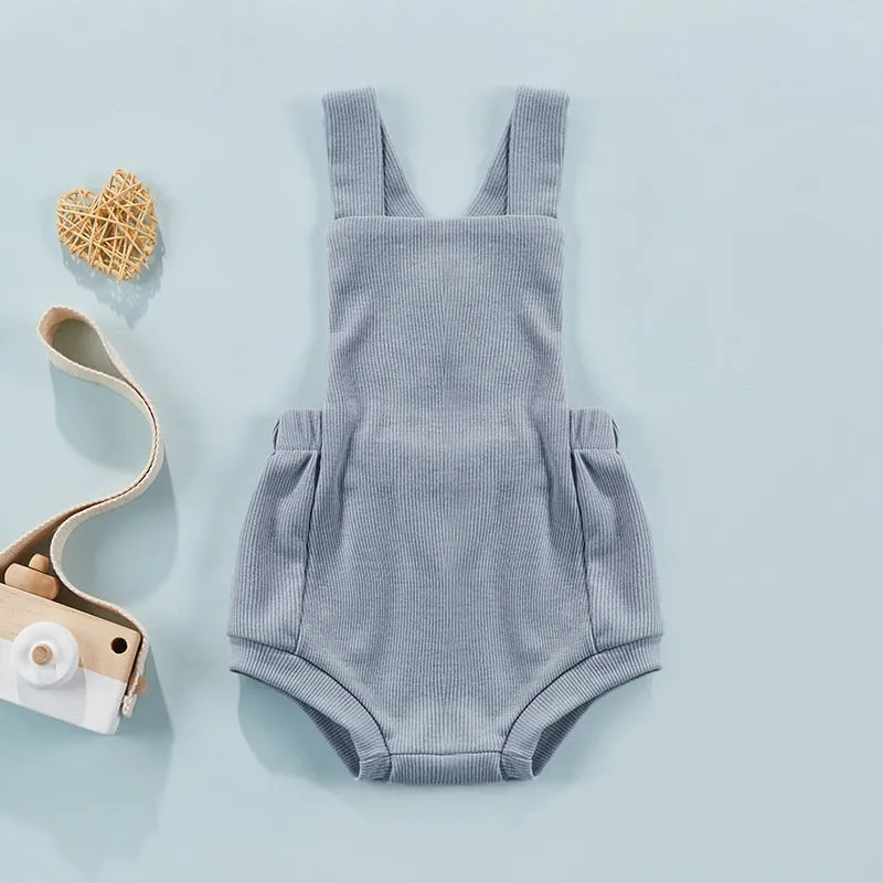 Ribbed Solid Sleeveless Suspender Style Romper Overalls