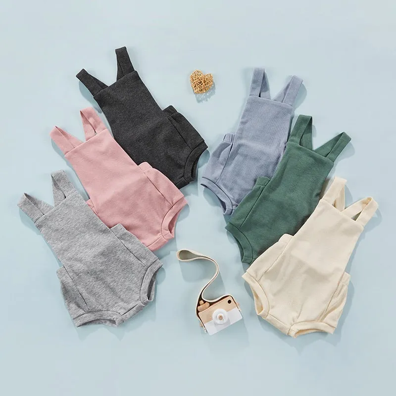 Ribbed Solid Sleeveless Suspender Style Romper Overalls