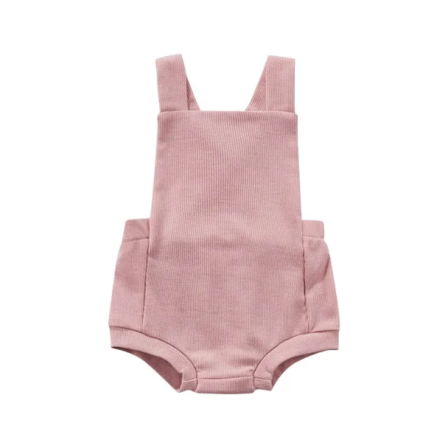 Ribbed Solid Sleeveless Suspender Style Romper Overalls