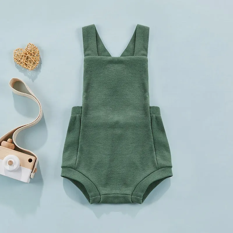 Ribbed Solid Sleeveless Suspender Style Romper Overalls