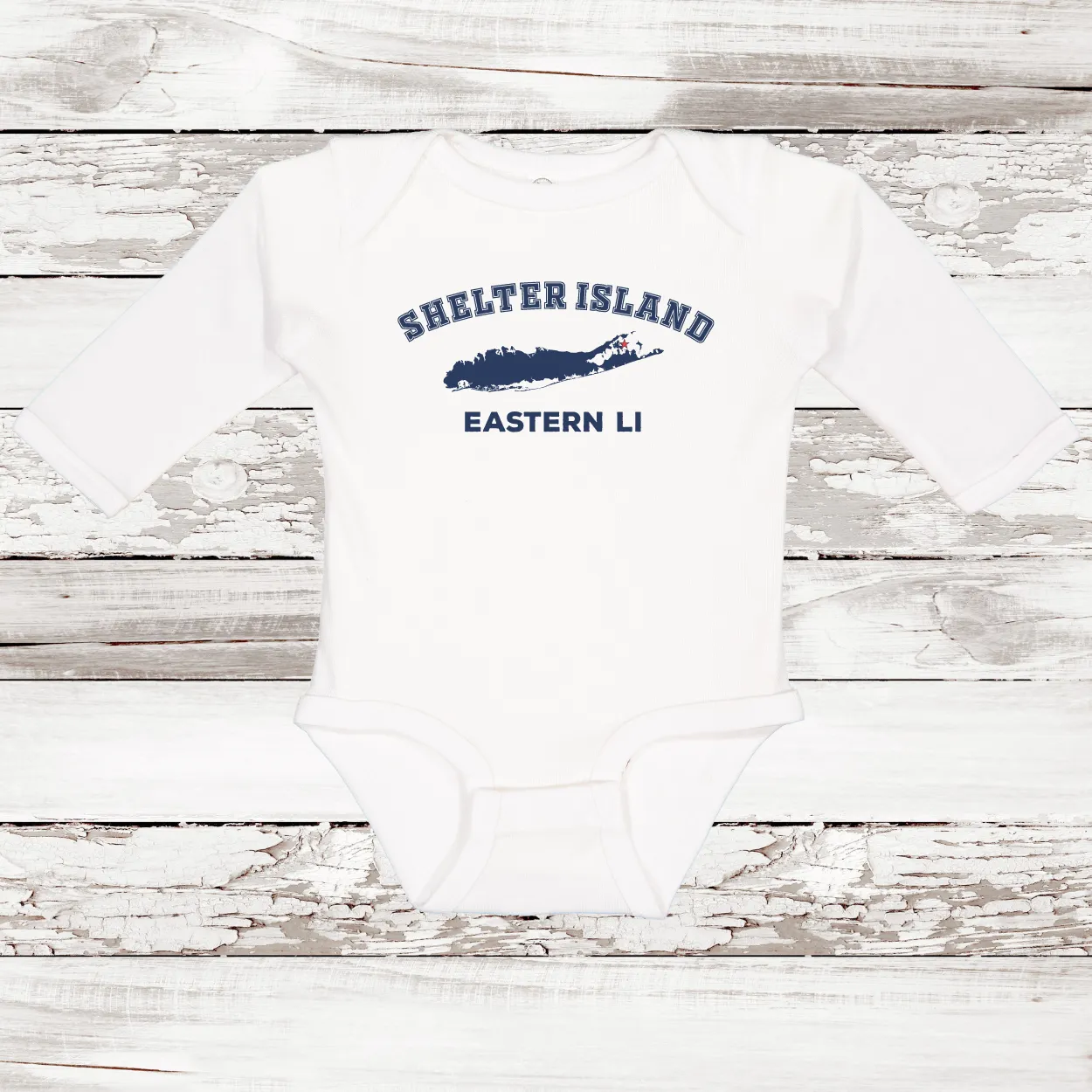 Shelter Island Eastern LI Long Sleeve Baby Onesie | Classic Colors
