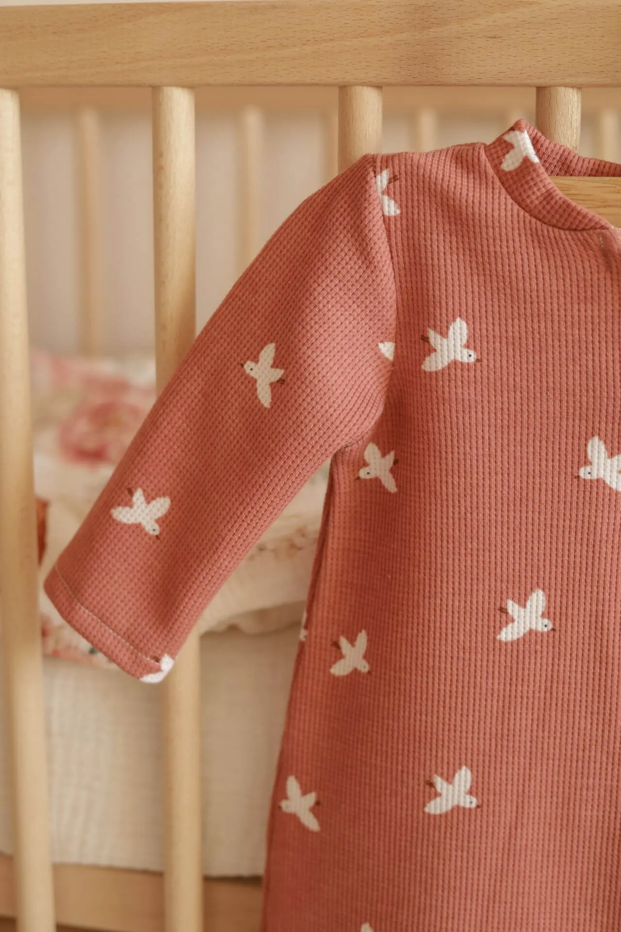 Soft Cotton Baby Sleepsuit, Zip Up - Coral Birds (0-12 months)