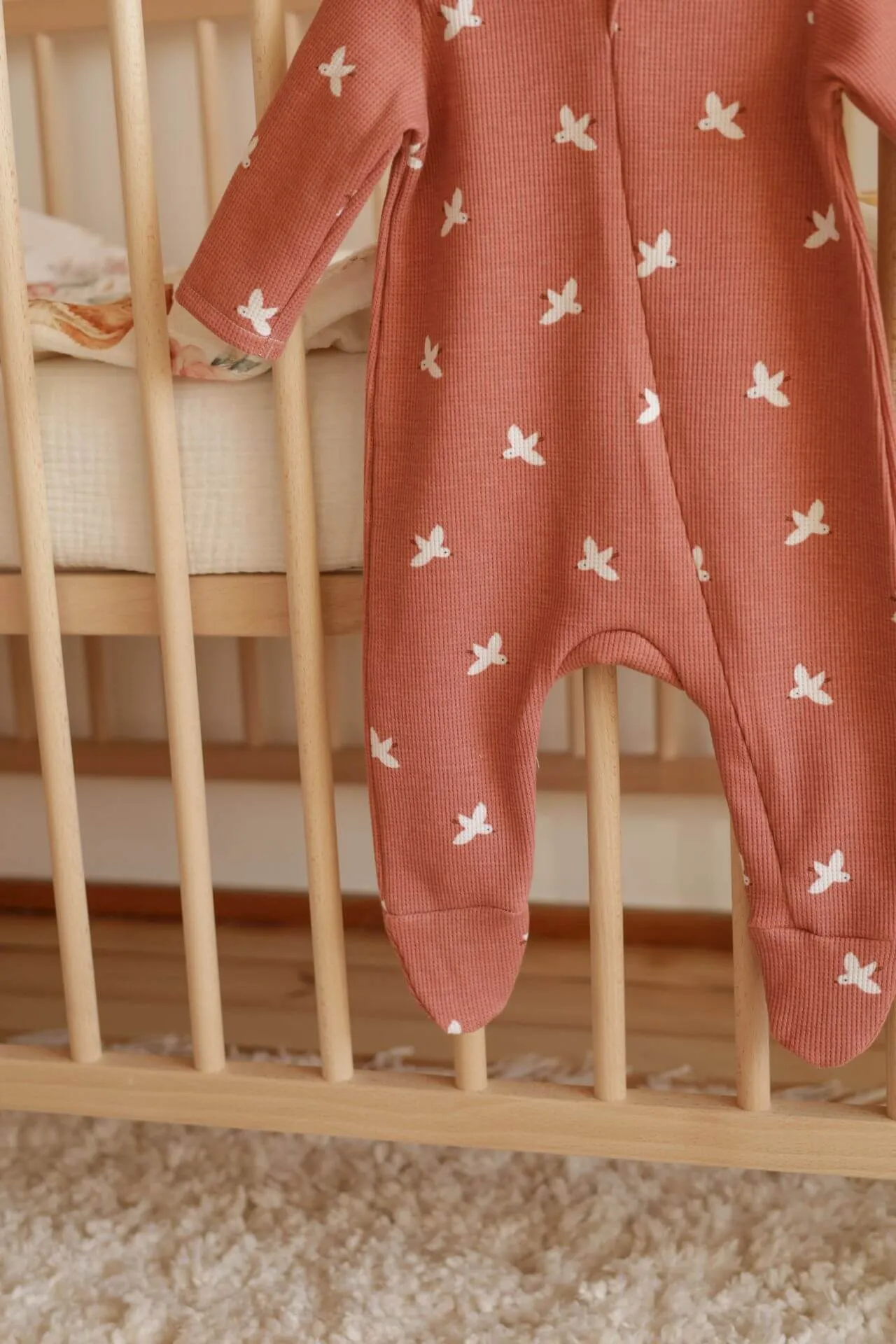 Soft Cotton Baby Sleepsuit, Zip Up - Coral Birds (0-12 months)