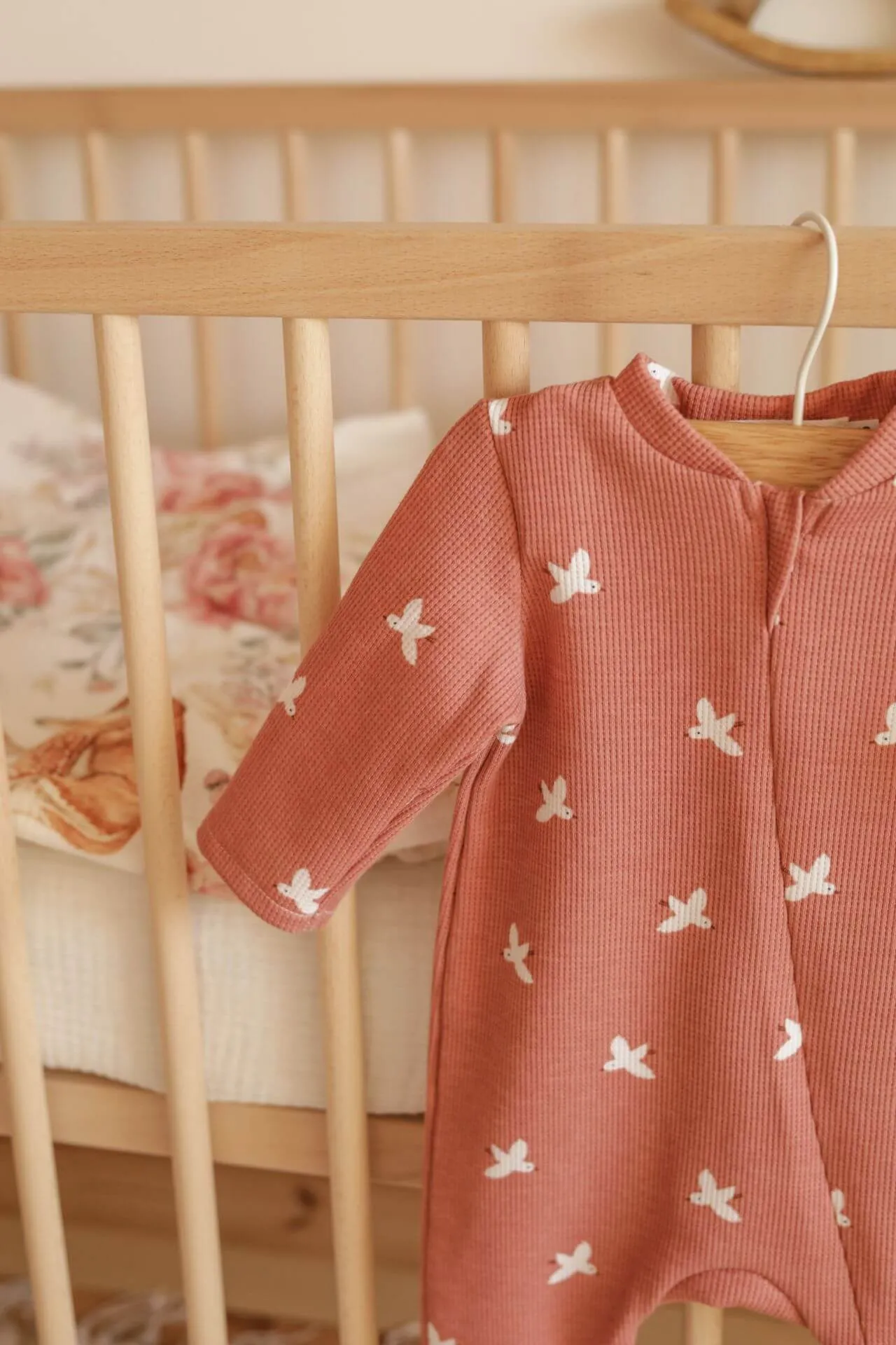 Soft Cotton Baby Sleepsuit, Zip Up - Coral Birds (0-12 months)