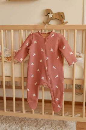 Soft Cotton Baby Sleepsuit, Zip Up - Coral Birds (0-12 months)