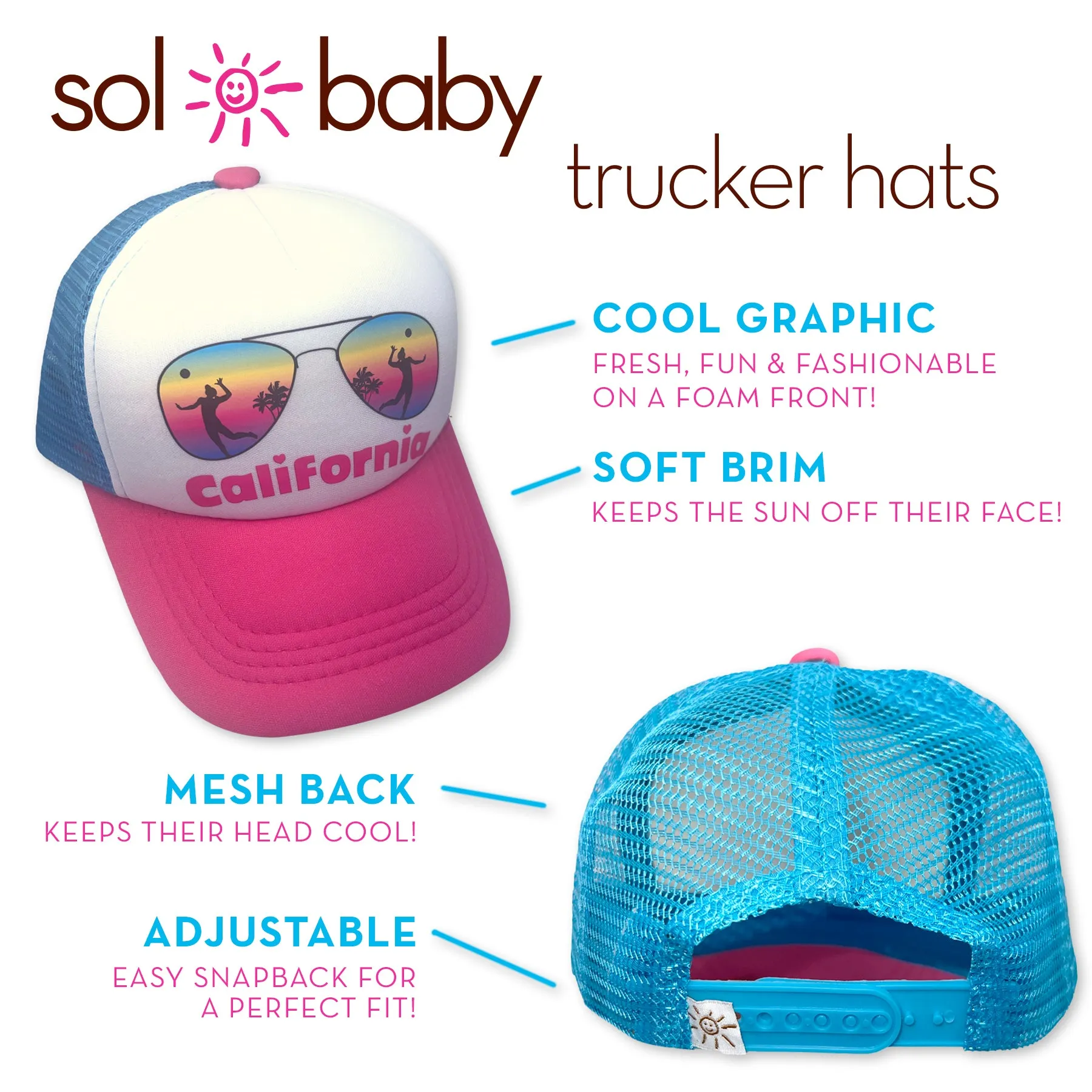 Sol Baby California Shades Volleyball Sunset Snapback Mesh Trucker Hat - Beach Baseball Cap for Infants, Toddlers & Youths