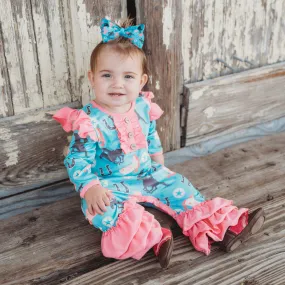 Turquoise Running Horse long Sleeve Romper Baby  (0M-2T)