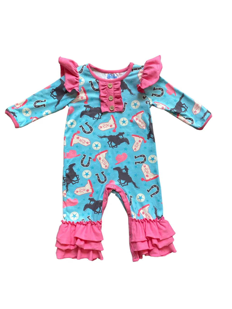 Turquoise Running Horse long Sleeve Romper Baby  (0M-2T)