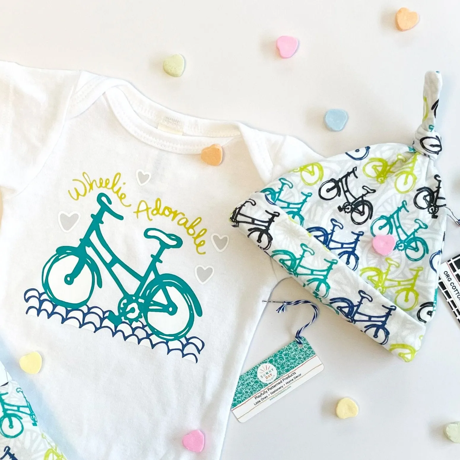 Wheelie Adorable Bicycle Newborn Baby Gift Set - Organic Cotton Onesie (0-3M)   Newborn Baby Hat