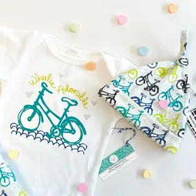 Wheelie Adorable Bicycle Newborn Baby Gift Set - Organic Cotton Onesie (0-3M)   Newborn Baby Hat