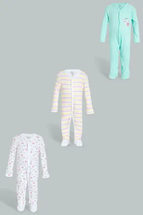 White And Mint Printed Sleepsuit Set (3 Piece)