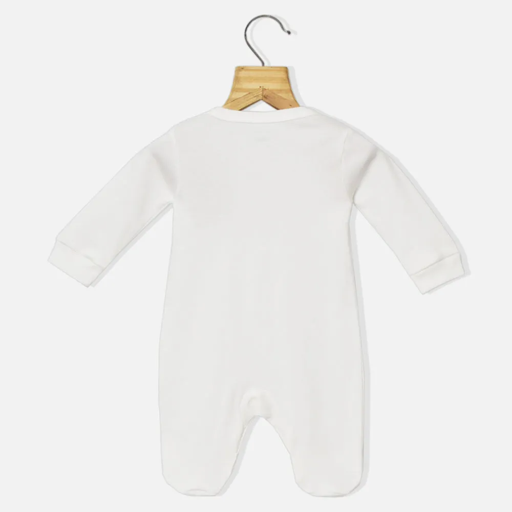 White I Love Mummy Embroidered Full Sleeves Footsie With Cap