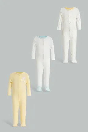 Yellow And White Sleepsuit Set For Babies (Pack Of 3)